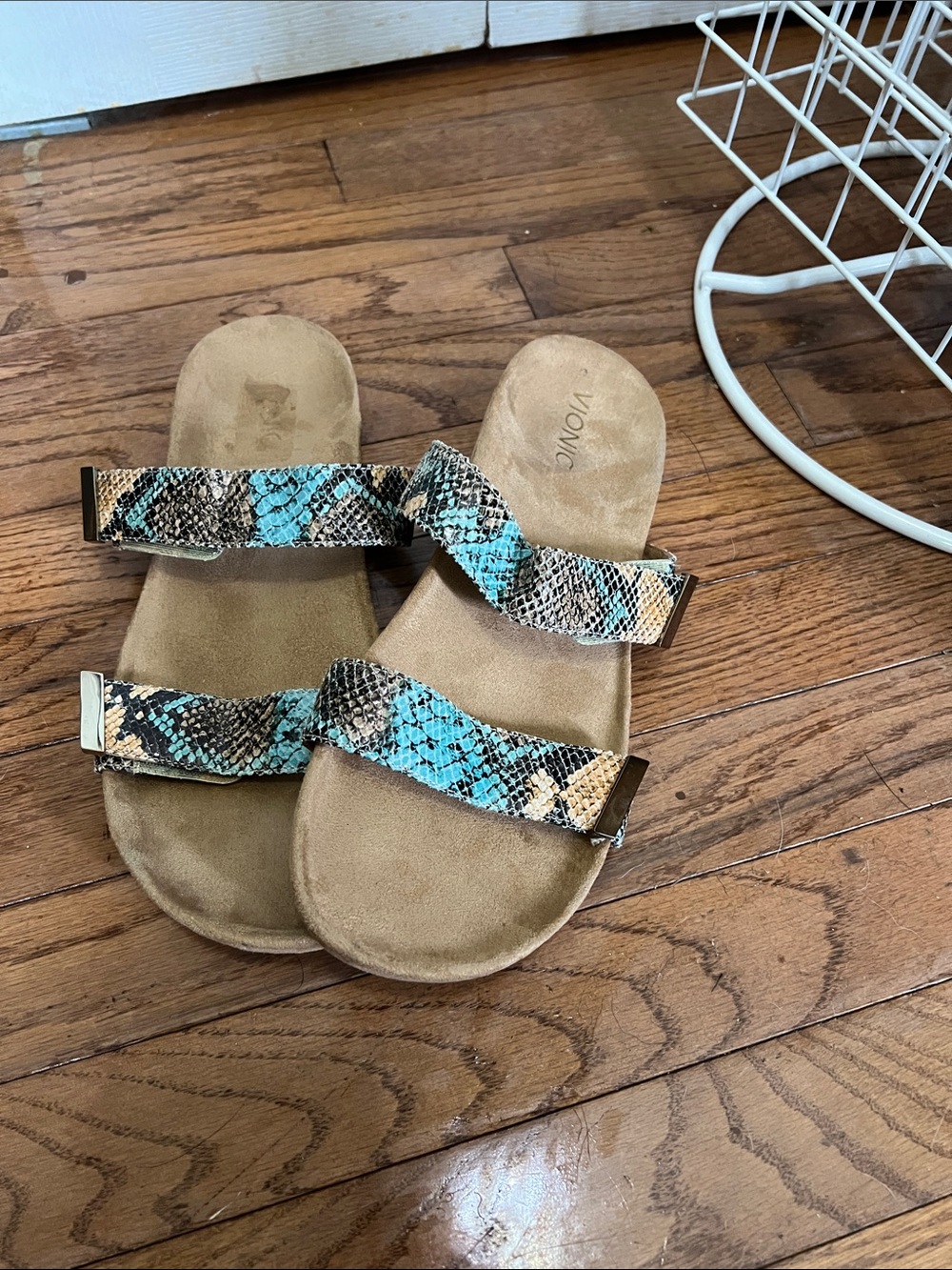 Vionic Turquoise and Tan Snake-Print Double-Strap Slides